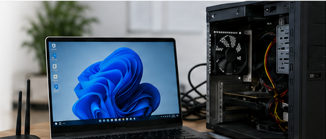 Laptop, router and desktop computer